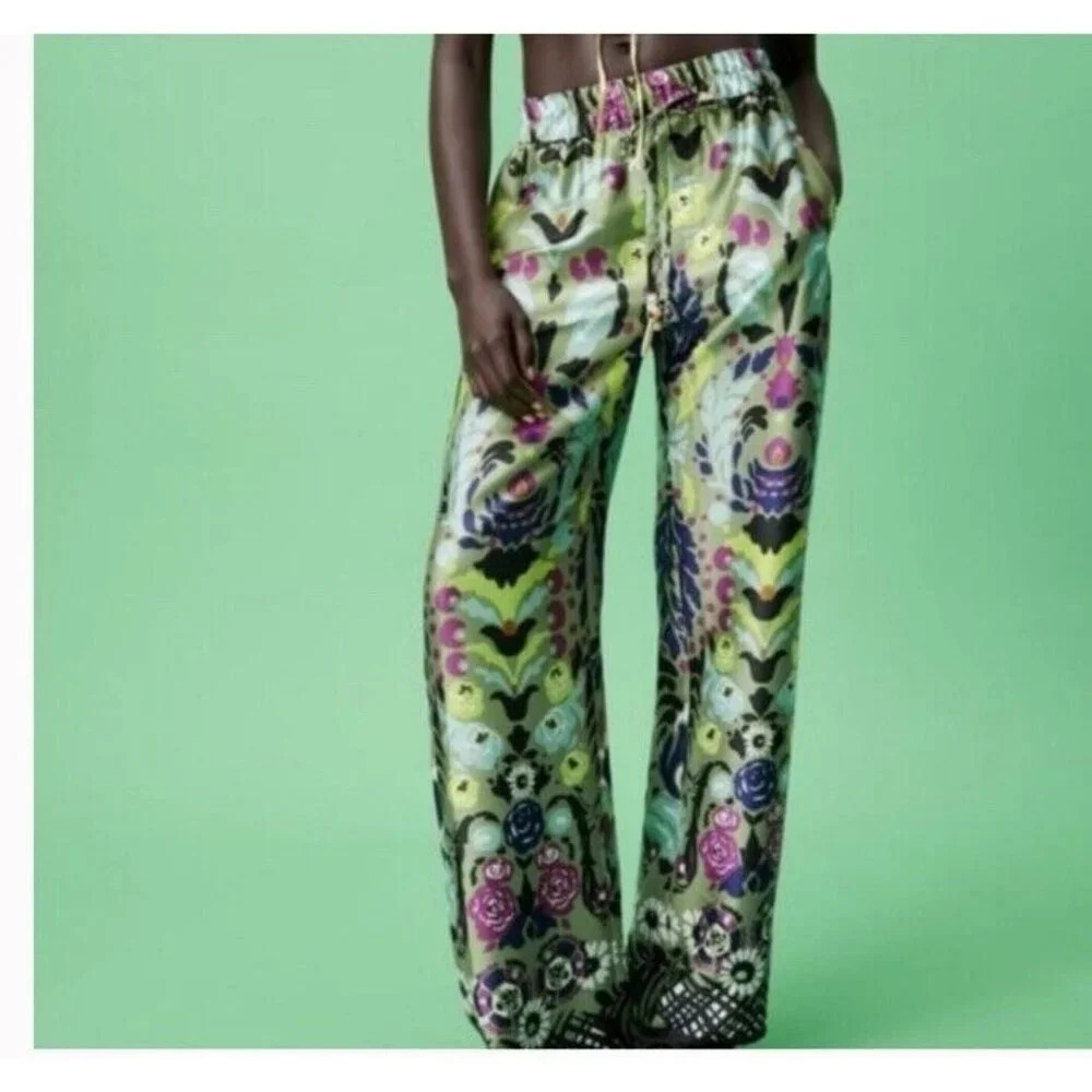 Zara Green Multicolor Wide-Leg Satin Pants